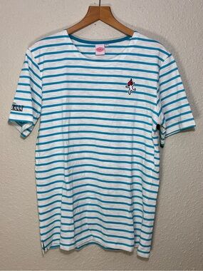 Firelli Hot Sauce t-shirt blue and white horizontal stripes. Women’s Large